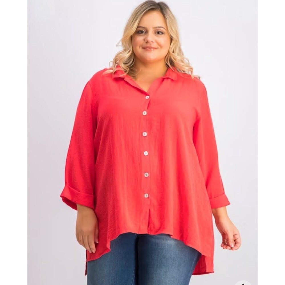 John Mark Plus Size Button Up Shirt Women's 3X Red Wire Neck Collar Tunic Blouse
